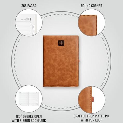 Anupam Merito 2026 Diary With Dates, New Year Diary 2026 Daily Planner 80 Gsm Full Page For Monday-Friday & Saturday-Sunday In One Page With Monthly Calendar, Size B5, 365 Days Matte Pu Cover - Tan