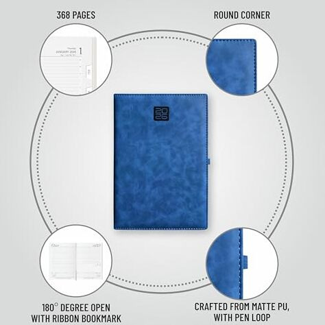 Anupam Merito 2026 Diary With Dates, New Year Diary 2026 Daily Planner 80 Gsm Full Page For Monday-Friday & Saturday-Sunday In One Page With Monthly Calendar, Size B5, 365 Days Matte Pu Cover - Blue