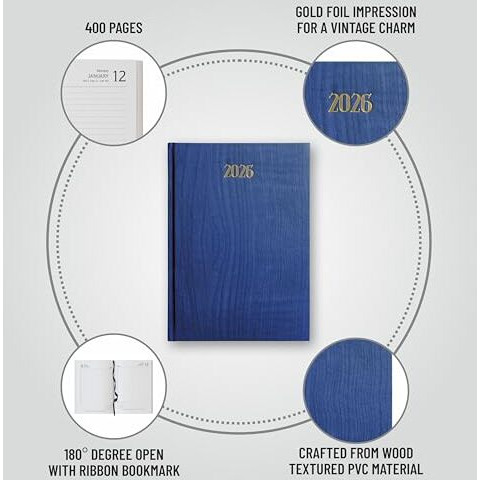 Anupam Dash 2026 Diary With Dates, 2026 Daily Planner Full Page Per Day With Monthly Calendar, New Year Diary 2026 80 Gsm Size B5 25X17Cm, 365 Days Aesthetic Book & Daily Diary For Office - Wood Blue