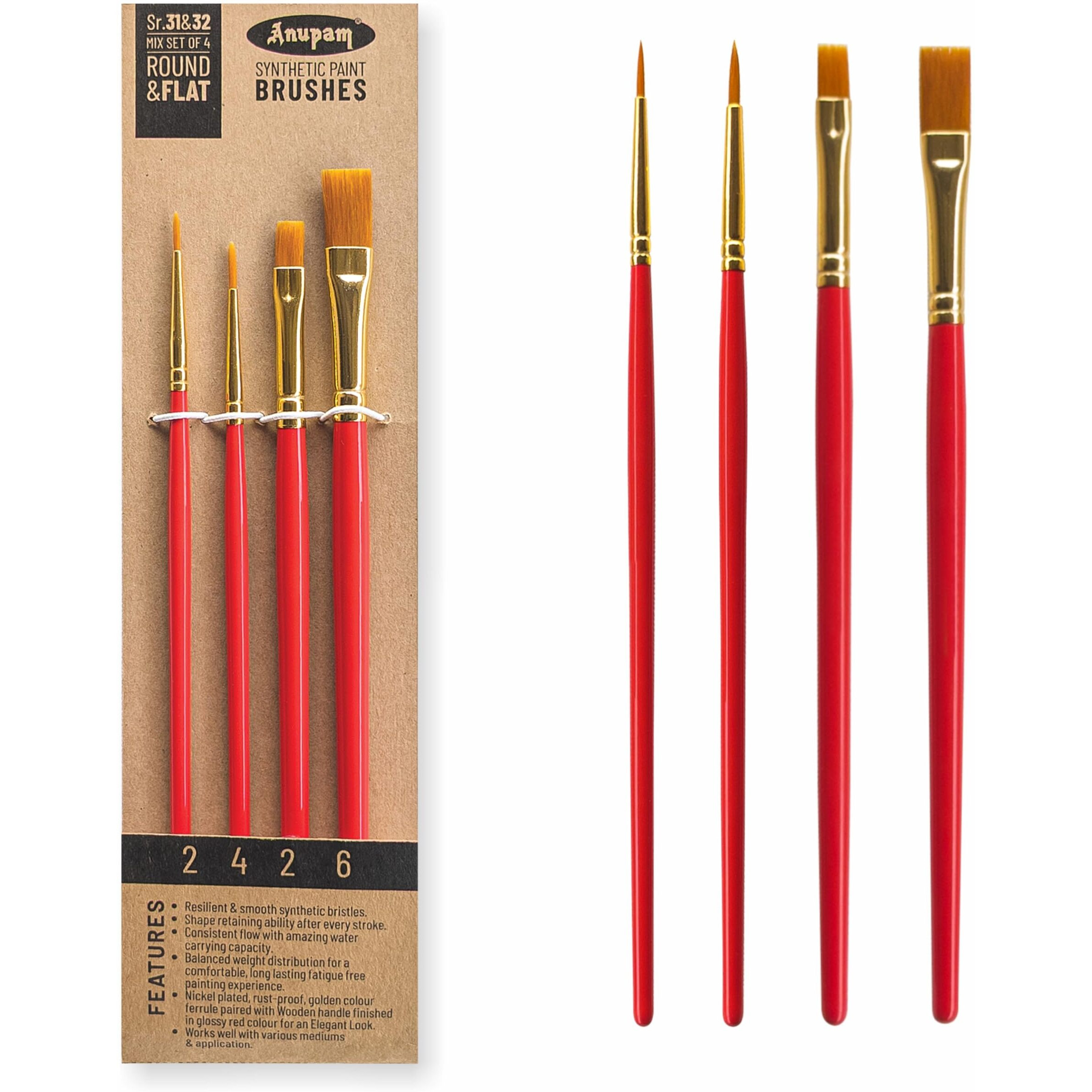 Anupam Round And Flat Synthetic Mix Painting Brush Set Of 4Pc Short Handle Painting Brush For Watercolor,Acrylic & One Stroke Painting (Sr. 31 & 32)
