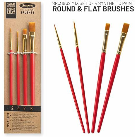 Anupam Round And Flat Synthetic Mix Painting Brush Set Of 4Pc Short Handle Painting Brush For Watercolor,Acrylic & One Stroke Painting (Sr. 31 & 32)