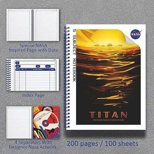 Anupam Nasa 5 Subject Spiral Notebook  22 X 29 Cm, 70 Gsm Ruled Paper, 200 Pages, Space-Themed Dividers  Ideal For Students, Professionals & Office Use