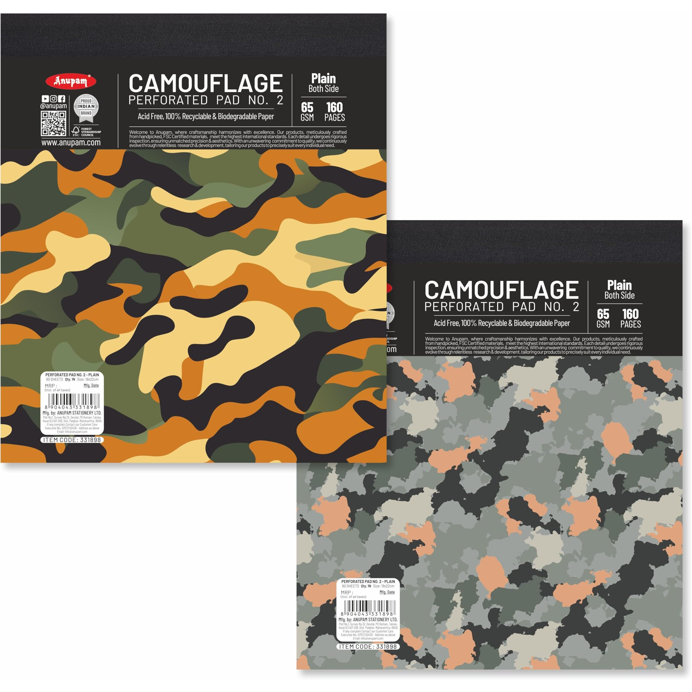 Anupam Camouflage Writing Pad 19X22Cm Plain Paper 65Gsm 80 Sheets Notepad, Micro Perforated Notebook With Strong Back Board For School, College, Office, Business (Size  2, Pack Of 2)