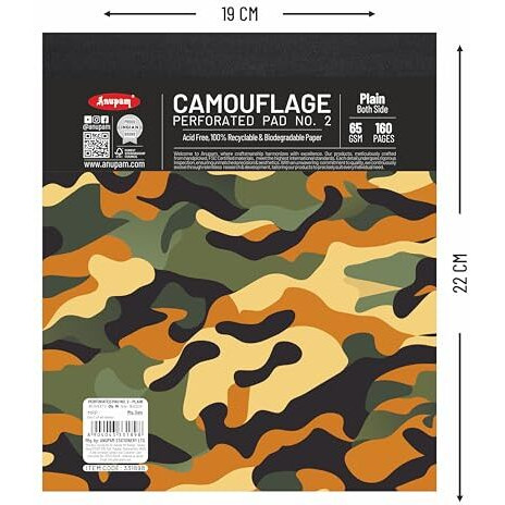 Anupam Camouflage Writing Pad 19X22Cm Plain Paper 65Gsm 80 Sheets Notepad, Micro Perforated Notebook With Strong Back Board For School, College, Office, Business (Size  2, Pack Of 2)
