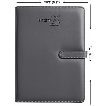 Anupam Nova 2026 Diary With Dates A5 21X14Cm, 365 Days, Daily Planner With Monthly Calendar, January To December New Year Diary 2026,Pu Material Cover, Magnetic Closure And Pen Holder 80Gsm - Grey