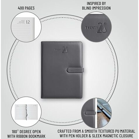 Anupam Nova 2026 Diary With Dates A5 21X14Cm, 365 Days, Daily Planner With Monthly Calendar, January To December New Year Diary 2026,Pu Material Cover, Magnetic Closure And Pen Holder 80Gsm - Grey