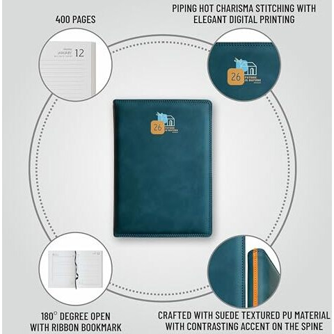 Anupam Accent 2026 Diary With Dates, 2026 Daily Planner 80 Gsm Full Page Per Day With Monthly Calendar, New Year Diary 2026 Size A5 21X14Cm 365 Days Suede Textured Pu Cover Daily Diary - Teal