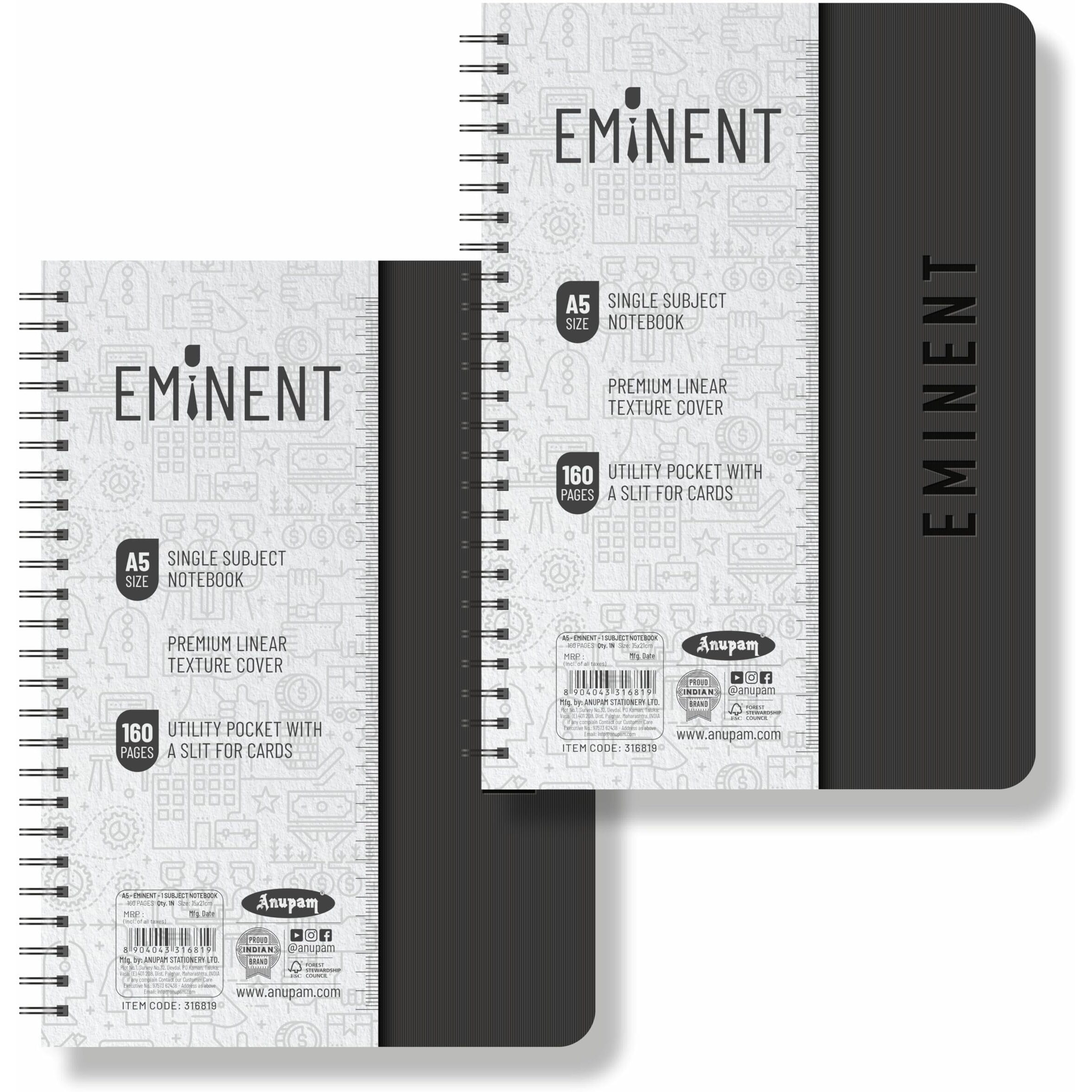 Anupam Eminent 1 Subject Notebook A5, 70 Gsm, 40 Sheets (80 Pages),College Ruled Spiral Subject Notebook For Work, School Supplies, Home & Office, Writing Journal | 14 Cm X 21 Cm (Pack Of 2)
