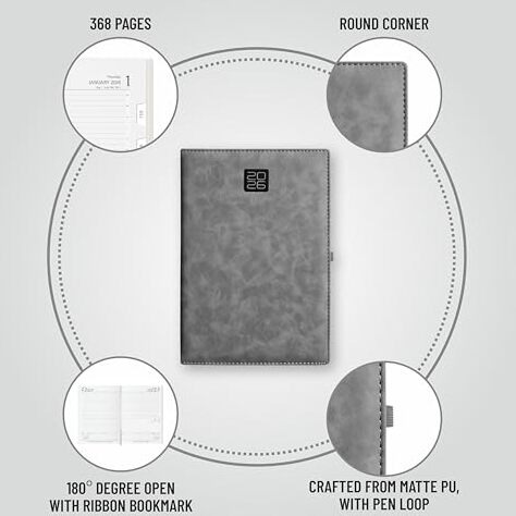 Anupam Merito 2026 Diary With Dates, New Year Diary 2026 Daily Planner 80 Gsm Full Page For Monday-Friday & Saturday-Sunday In One Page With Monthly Calendar, Size B5, 365 Days Matte Pu Cover - Grey