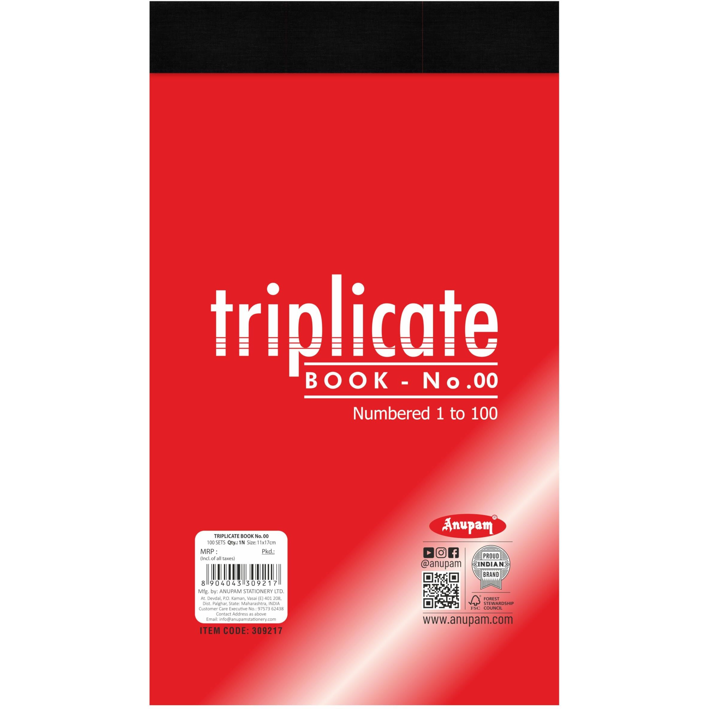Anupam 11X19 Cm Size Triplicate Book With Carbon & Index Ruled Sheets Pad For Replicate, Record, Organize And Work Order Receipt Book (Size  00, Pack Of 1)