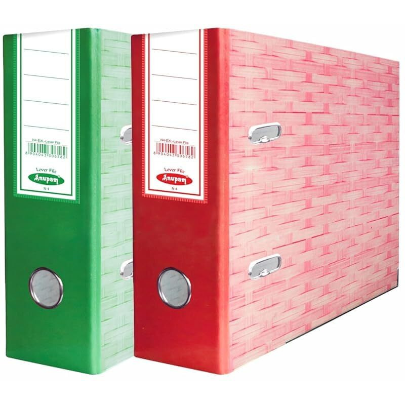 Anupam Excel Lever File Voucher Size N4V - 28 X 22 X 8 Cm - Weave Printed Cover - U Shaped Clip Binder Box - Finger Grip Hole - Metal Edge Protector For Office School Home Supplies Black (Pack Of 2)