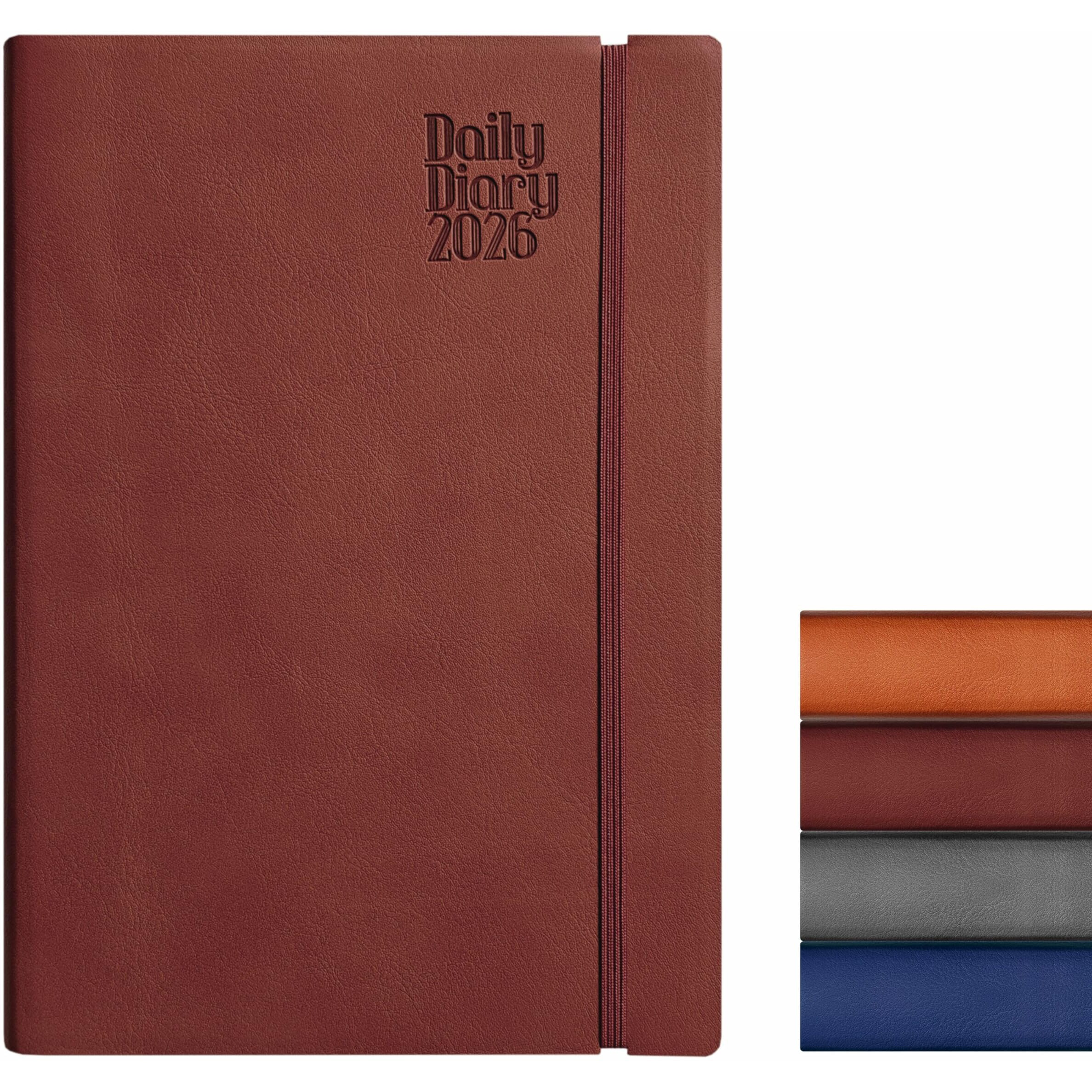 Anupam Flxy 2026 Diary With Dates - A5 80 Gsm Paper 2026 Daily Planner Full Page Per Day With Monthly Calendar, 365 Days New Year Diary, Flexible Leather Pu Cover, Matching Elastic Closure - Brown