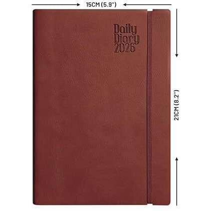 Anupam Flxy 2026 Diary With Dates - A5 80 Gsm Paper 2026 Daily Planner Full Page Per Day With Monthly Calendar, 365 Days New Year Diary, Flexible Leather Pu Cover, Matching Elastic Closure - Brown