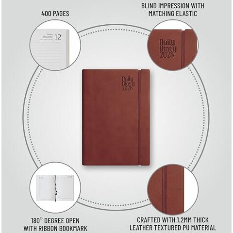 Anupam Flxy 2026 Diary With Dates - A5 80 Gsm Paper 2026 Daily Planner Full Page Per Day With Monthly Calendar, 365 Days New Year Diary, Flexible Leather Pu Cover, Matching Elastic Closure - Brown