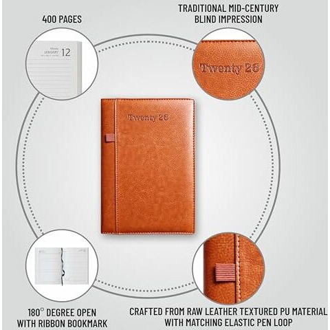 Anupam Exec 2026 Diary With Dates - B5 (25X17Cm) 80 Gsm Daily Planner Full Page Per Day With Monthly Calendar, 365 Days New Year Diary, Pen Holder, Leather Pu Cover, Daily Diary For Office - Tan