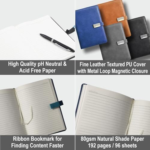 Anupam Charm Lined Journal Notebook192 Pages A5 Hardcover Leather Journal With Magnetic Metal Closure With Pen Loop 80 Gsm Ruled Paper Diary For Notes Taking & Writing In School And Office (Black)