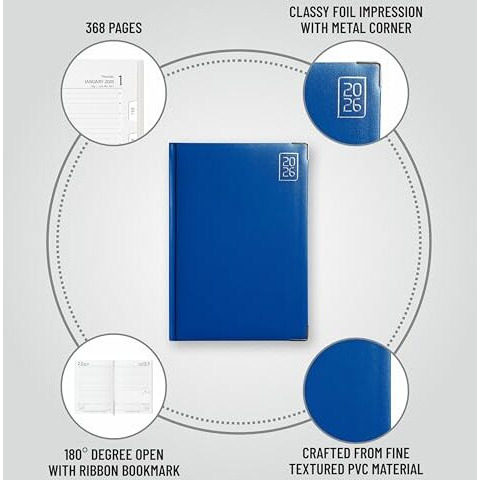 Anupam Fash 2026 Diary With Dates, 2026 Daily Planner Month Cut Index Full Page For Monday-Friday And Saturday-Sunday In One Page With Monthly Calendar, 80Gsm B5 365 Days Diary (Blue)