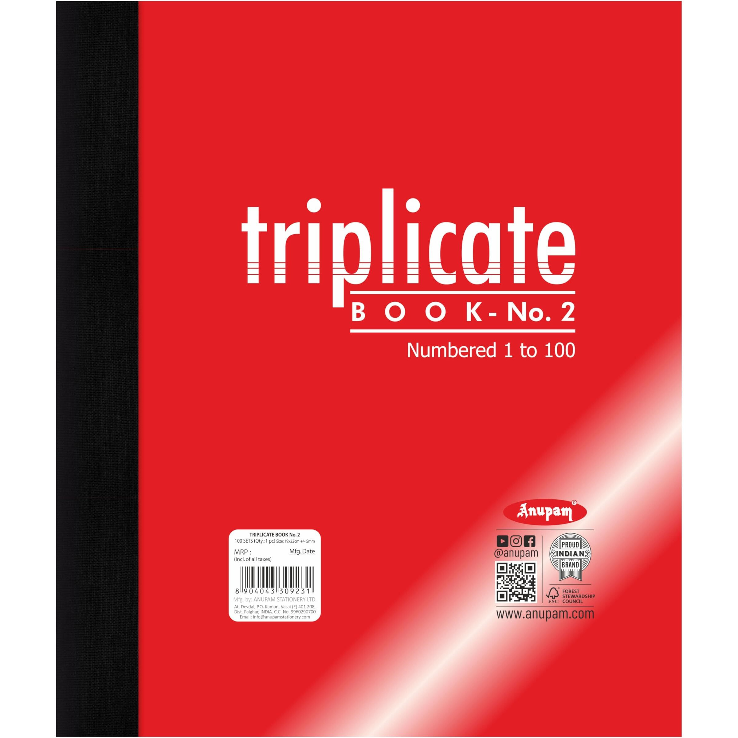 Anupam 19X22 Cm Size Triplicate Book With Carbon & Index Ruled Sheets Pad For Replicate, Record, Organize And Work Order Receipt Book (Size  2, Pack Of 1)