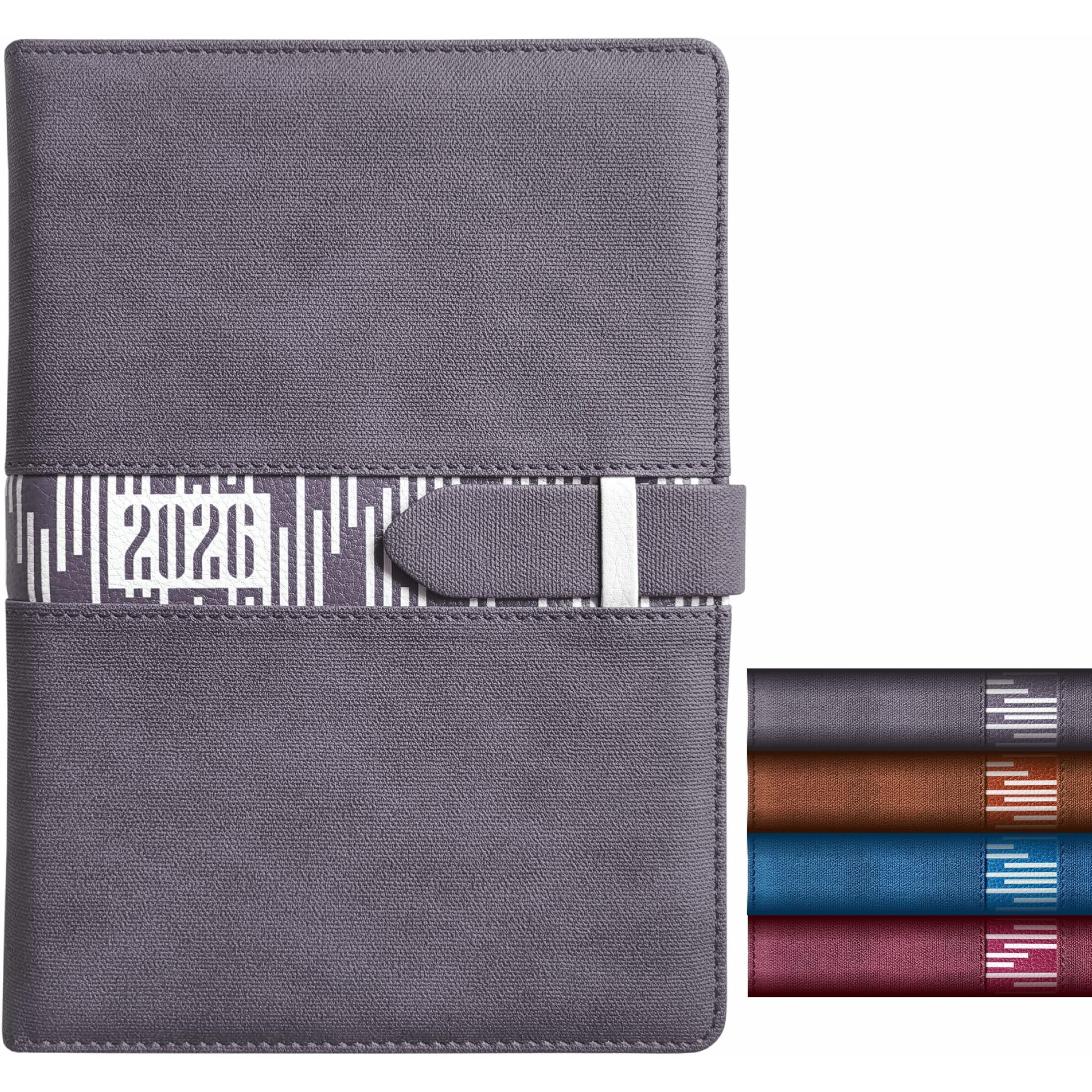 Anupam Slide Diary 2026 With Dates, Full Page Per Day With Monthly Calendar, January To December 2026 Size A5 (21X14Cm) 365 Days Lines Textured Pu Cover, Pen Holder And Loop Closure (Grey)