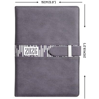 Anupam Slide Diary 2026 With Dates, Full Page Per Day With Monthly Calendar, January To December 2026 Size A5 (21X14Cm) 365 Days Lines Textured Pu Cover, Pen Holder And Loop Closure (Grey)