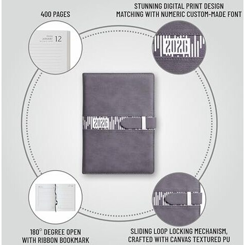 Anupam Slide Diary 2026 With Dates, Full Page Per Day With Monthly Calendar, January To December 2026 Size A5 (21X14Cm) 365 Days Lines Textured Pu Cover, Pen Holder And Loop Closure (Grey)