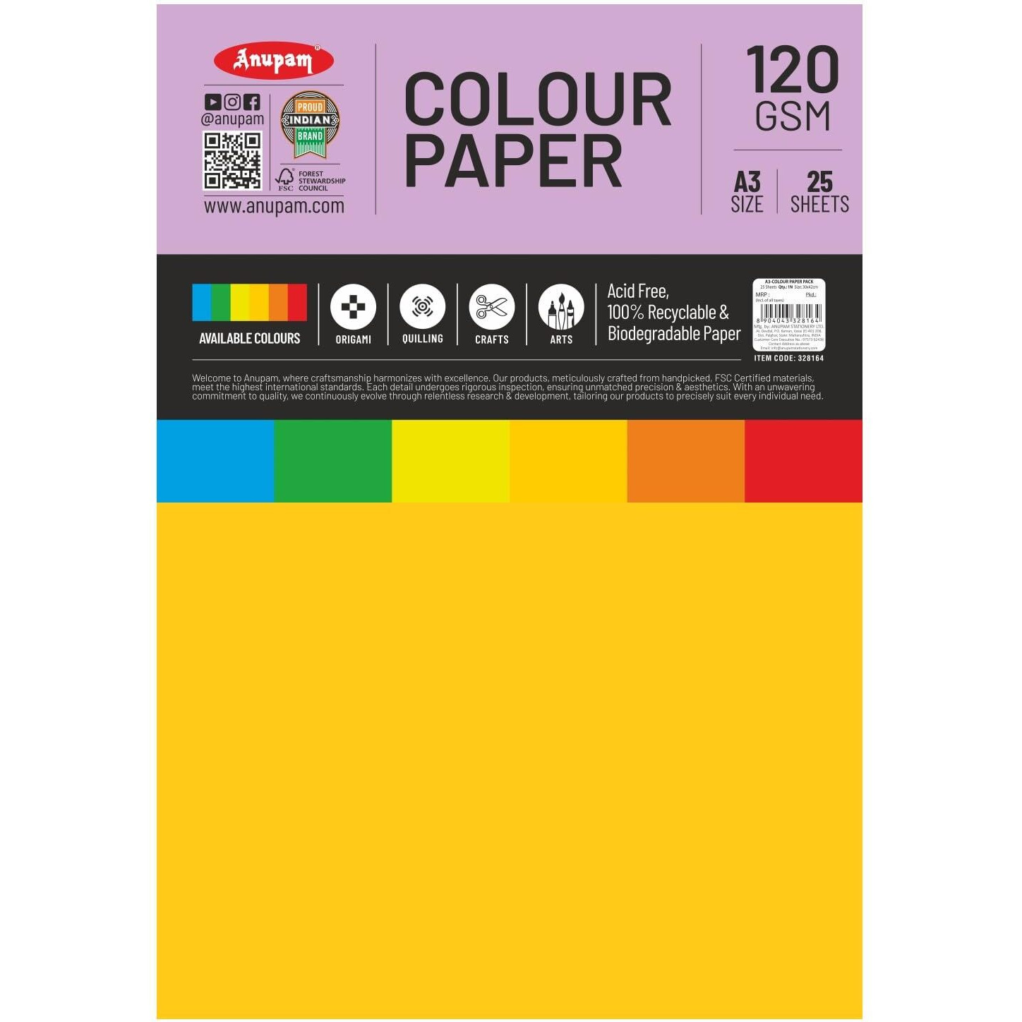 Anupam 25 Sheets Colored Craft Paper A3 Size 120 Gsm 5 Assorted Color Construction Paper Multi Color Card Stock Paper For Crafts, Card Making, Scrapbooking, Diy, School Supplies, Printing, Stationery