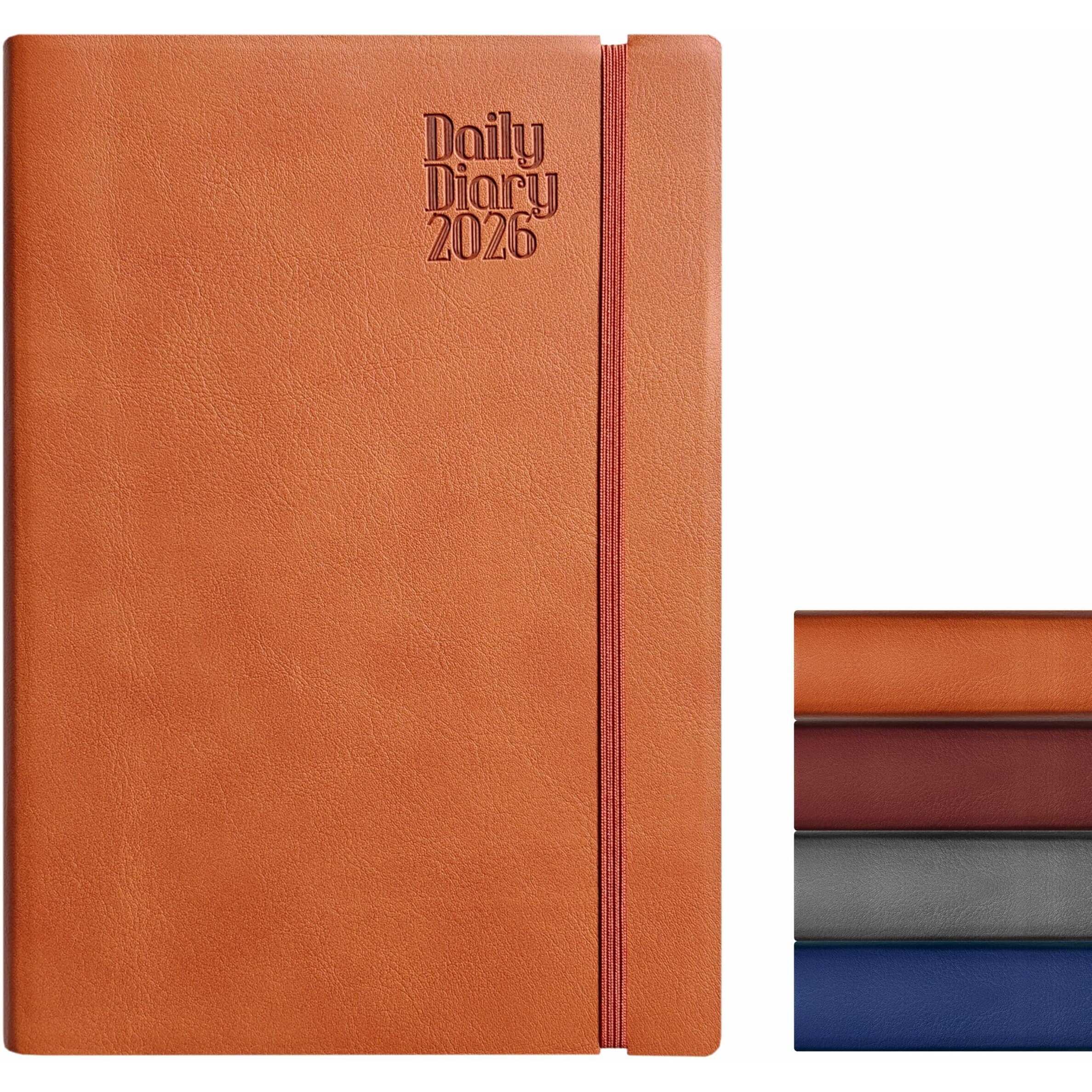 Anupam Flxy 2026 Diary With Dates - A5 80 Gsm Paper 2026 Daily Planner Full Page Per Day With Monthly Calendar, 365 Days New Year Diary, Flexible Leather Pu Cover, Matching Elastic Closure - Tan