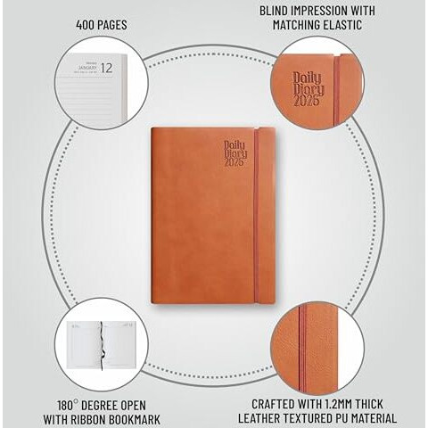 Anupam Flxy 2026 Diary With Dates - A5 80 Gsm Paper 2026 Daily Planner Full Page Per Day With Monthly Calendar, 365 Days New Year Diary, Flexible Leather Pu Cover, Matching Elastic Closure - Tan