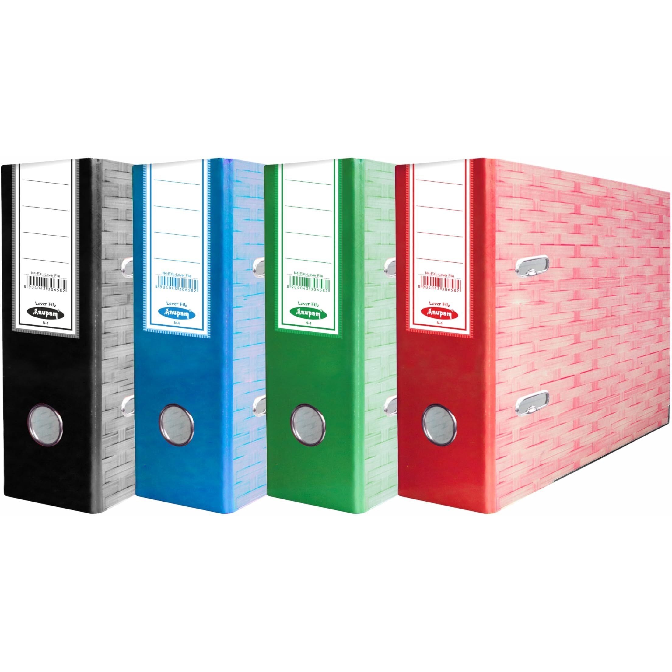 Anupam Excel Lever File Voucher Size N4V - 28 X 22 X 8 Cm - Weave Printed Cover - U Shaped Clip Binder Box - Finger Grip Hole - Metal Edge Protector For Office School Home Supplies Black (Pack Of 4)