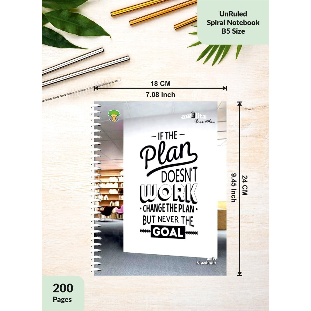 Amblitz Spiral Notebook | 18 X 24 Cm | B5 Size | School/College Students's Choice For Note Making | 70 Gsm Thick White Paper | Diary Size | Personal & Office Use | (200 Pages, Unruled Notebook)