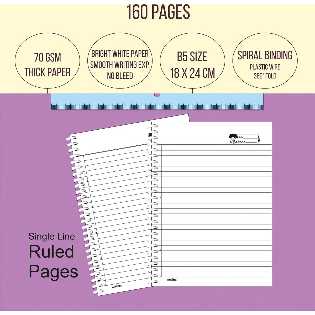Amblitz Spiral Notebook | 18 X 24 Cm | B5 Size | School/College Students's Choice For Note Making | 70 Gsm Thick White Paper | Diary Size | Personal & Office Use | (160 Pages, Ruled Notebook)