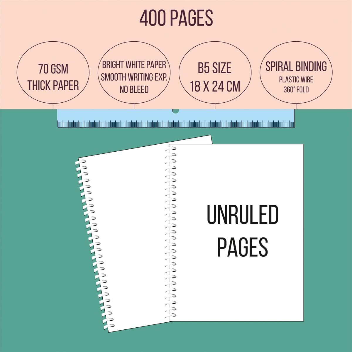 Amblitz Spiral Notebook | 18 X 24 Cm | B5 Size | School/College Students's Choice For Note Making | 70 Gsm Thick White Paper | Diary Size | Personal & Office Use | (400 Pages, Unruled Notebook)