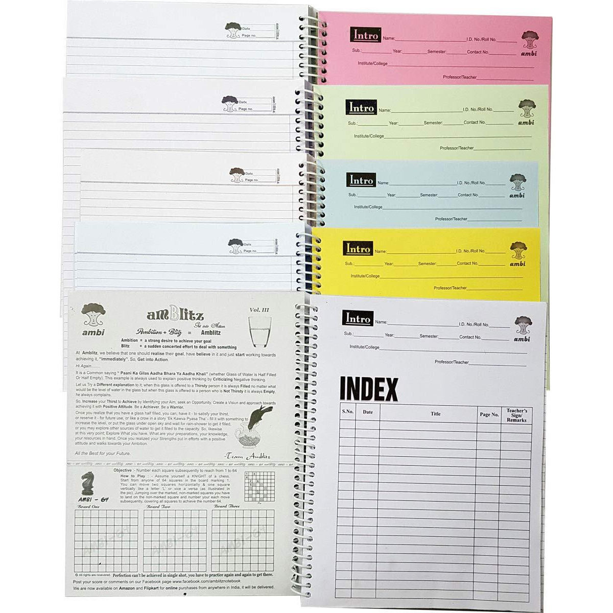 Amblitz 5 Subject Spiral Notebook - Ruled -300Pages, 70 Gsm, Size A4 Approx.