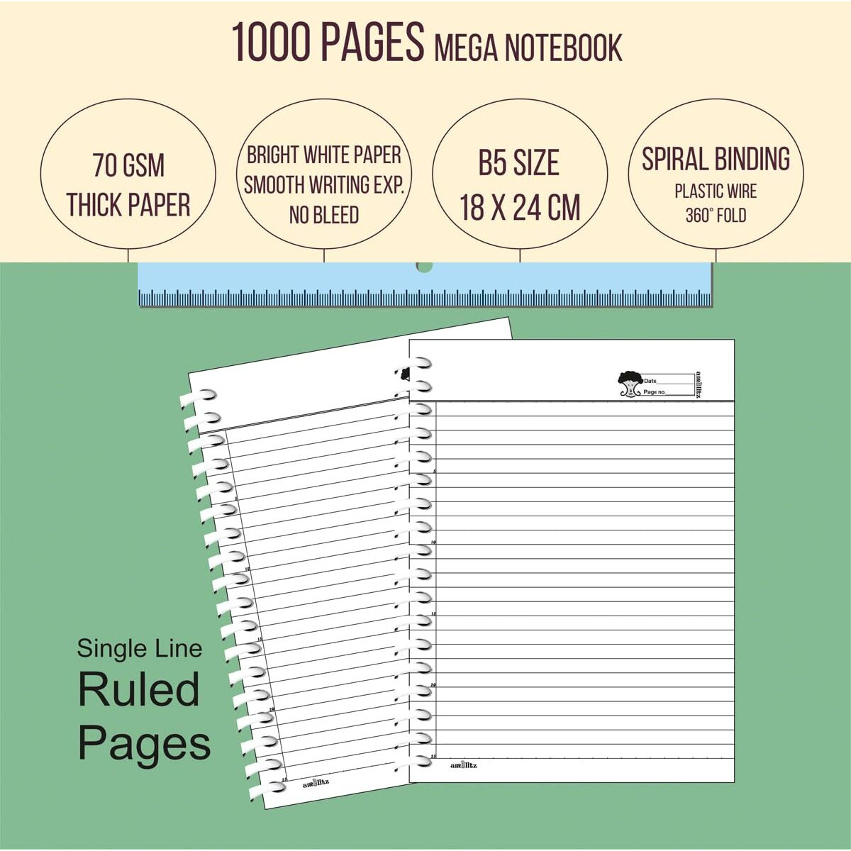 Amblitz Mega Spiral Notebook | 18 X 24 Cm | B5 Size | School/College Students's Choice For Note Making | 70 Gsm Thick White Paper | Diary Size | Personal & Office Use | (1000 Pages, Ruled Notebook)