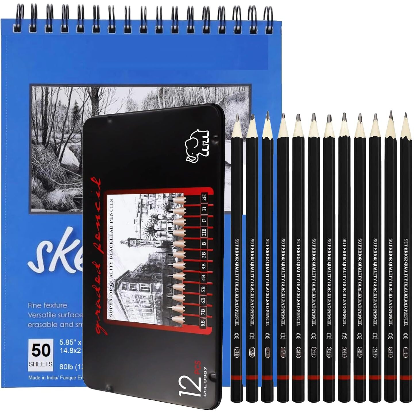 Corslet Sketching Pencils Set 12 Pc Sketch Pencil B 2B 3B 4B 5B 6B 7B 8B Hb H 2H F In Metal Case With 50 Sheets A5 Sketchbook
