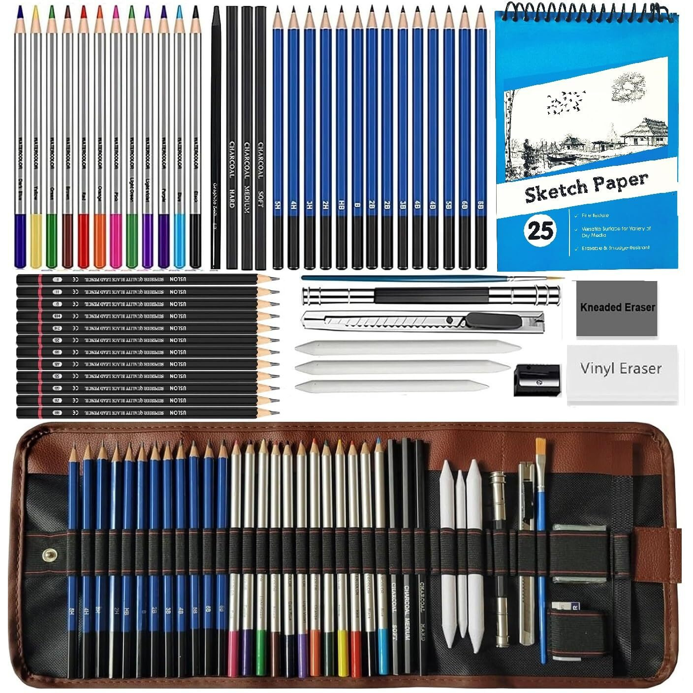 Corslet 52Pc Sketch Pencil Set Drawing Kit Drawing Pencils 25 Sheets Sketchbook A5 Charcoal Pencils For Artists Watercolor Colour Pencils Shading Pencils Set Blending Stumps Sketching Kit Art Supplies