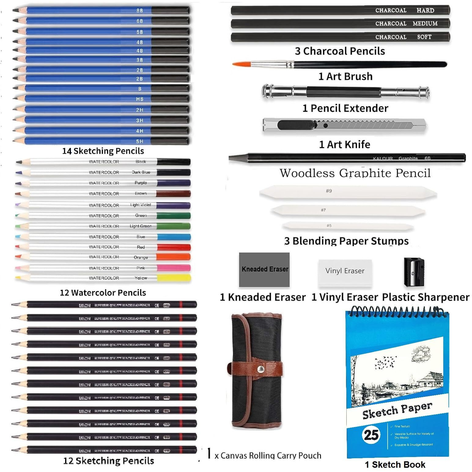 Corslet 52Pc Sketch Pencil Set Drawing Kit Drawing Pencils 25 Sheets Sketchbook A5 Charcoal Pencils For Artists Watercolor Colour Pencils Shading Pencils Set Blending Stumps Sketching Kit Art Supplies