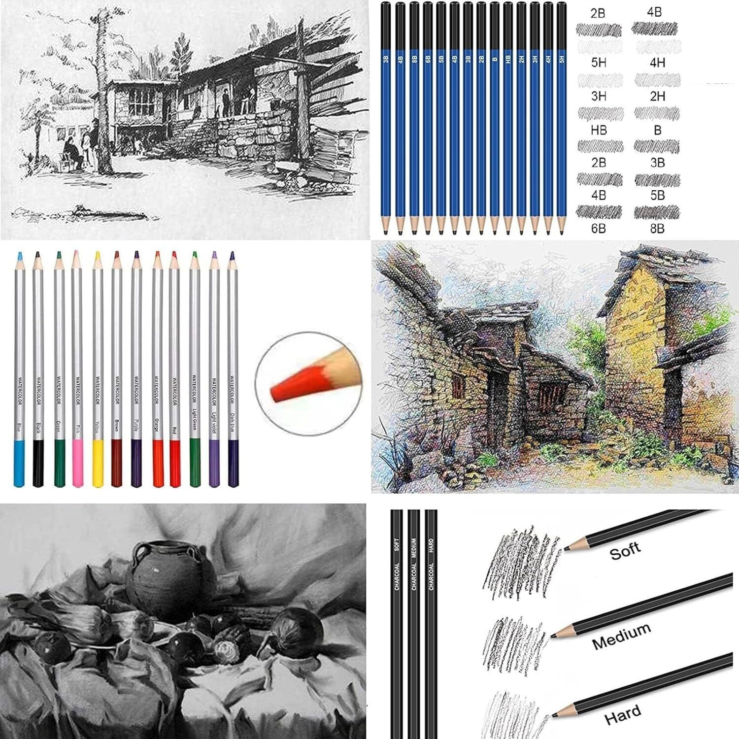 Corslet 52Pc Sketch Pencil Set Drawing Kit Drawing Pencils 25 Sheets Sketchbook A5 Charcoal Pencils For Artists Watercolor Colour Pencils Shading Pencils Set Blending Stumps Sketching Kit Art Supplies