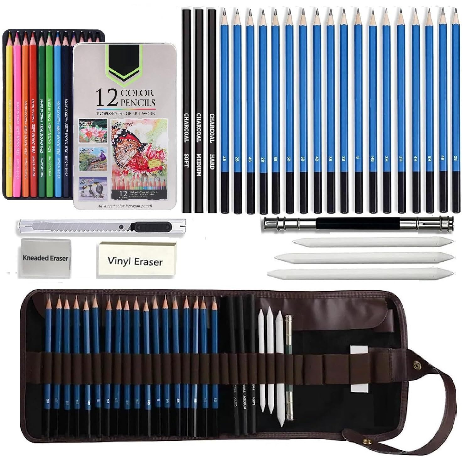 Corslet Set Of 41 Art Supplies, Includes 12 Pcs Oil Colour Pencils And 29 Pcs Drawing Pencil Set With Graphite Charcoal Pencils And Tools