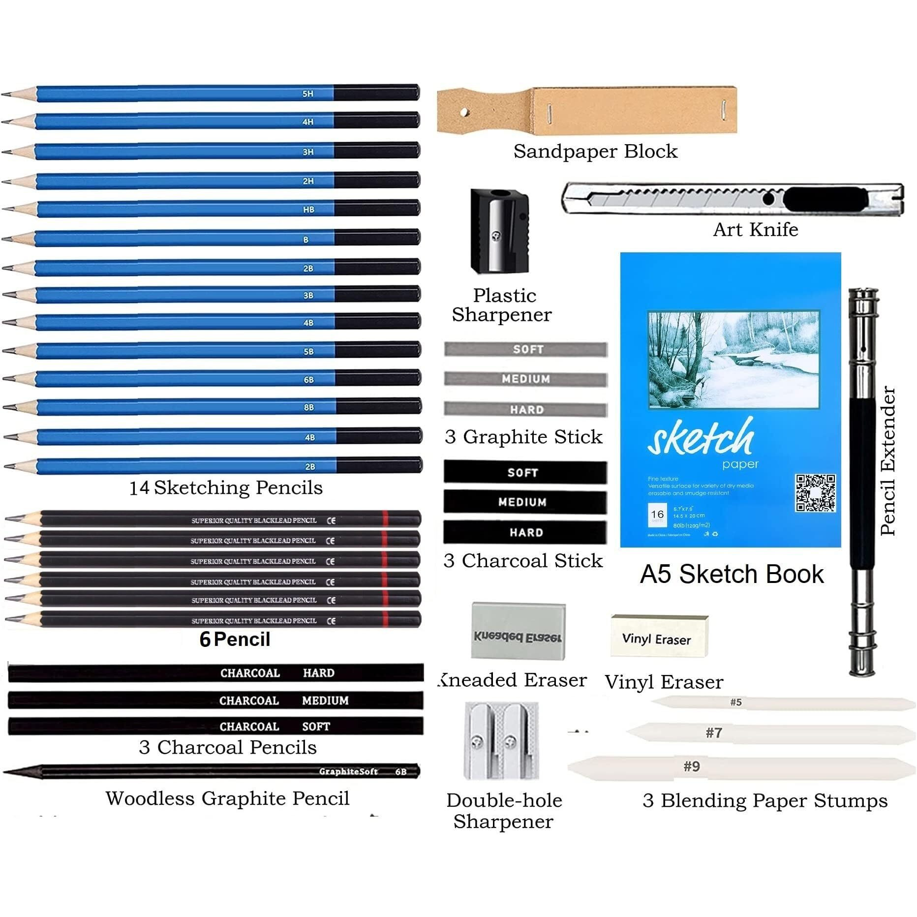 Corslet 41 Piece Drawing Pencils With Sketch Book 16 Pages 6 Hb Sketch Pencils Professional Drawing Kit In Zipper Case, Sketching Art Set With Graphite Charcoal Sticks Tool For Adults Kids All In Case