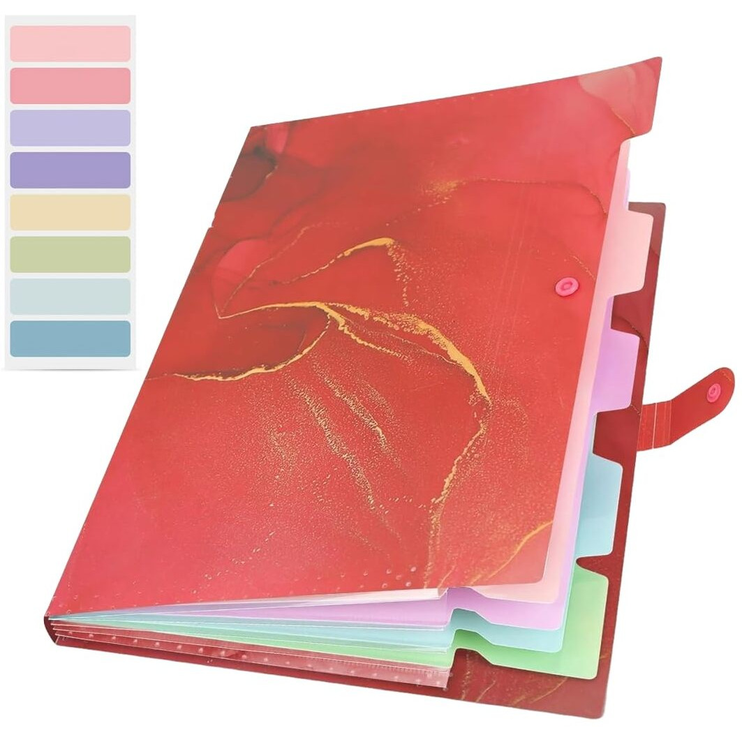 Corslet Expanding File Folder, Aesthetic Folders For School, Accordion File Organizer, Aesthetic Folder With Labels,5 Pockets Important Document Folders For School Office Home Marble Red