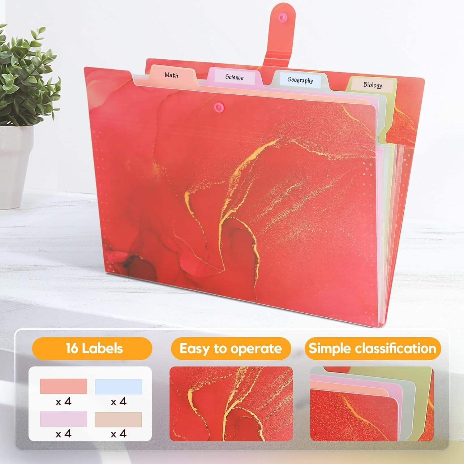 Corslet Expanding File Folder, Aesthetic Folders For School, Accordion File Organizer, Aesthetic Folder With Labels,5 Pockets Important Document Folders For School Office Home Marble Red