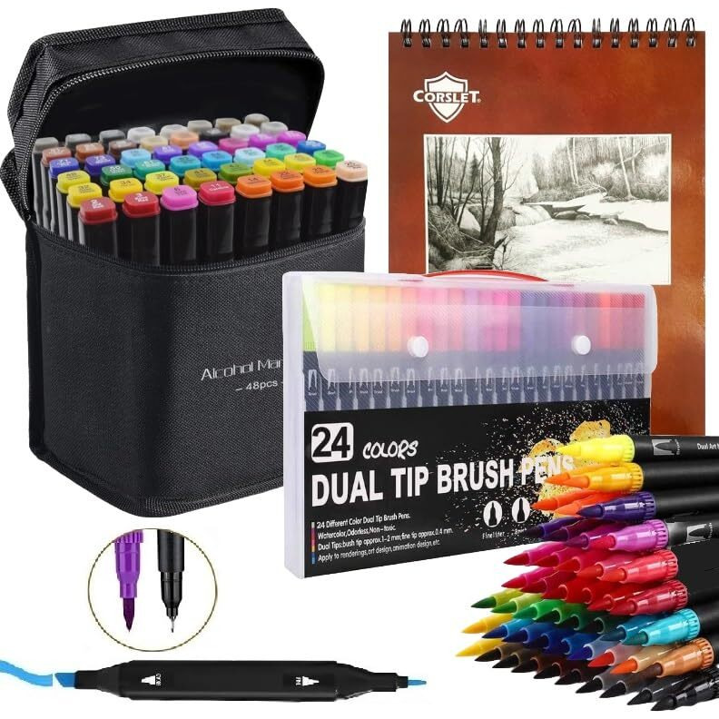 Corslet 73-Piece Art Set  Includes 48 Dual Tip Alcohol Markers, 24 Dual Tip Marker Pens, And 1 Bleedproof Marker Pad (200Gsm)  Ideal For Drawing, Sketching And Calligraphy  Suitable For All Ages
