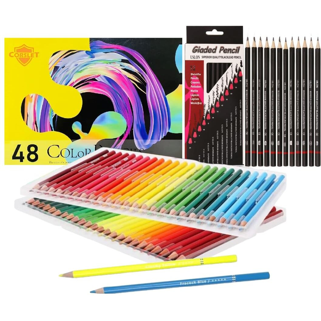 Corslet Set Of 60 Pcs - 48 Pc Pencil Colour Set &12 Pc Drawing Pencil Set Colour Pencil Set For Kids Artists Colour Pencils 48 Shades Oil-Based Professional Colored Pencils For Coloring And Sketching