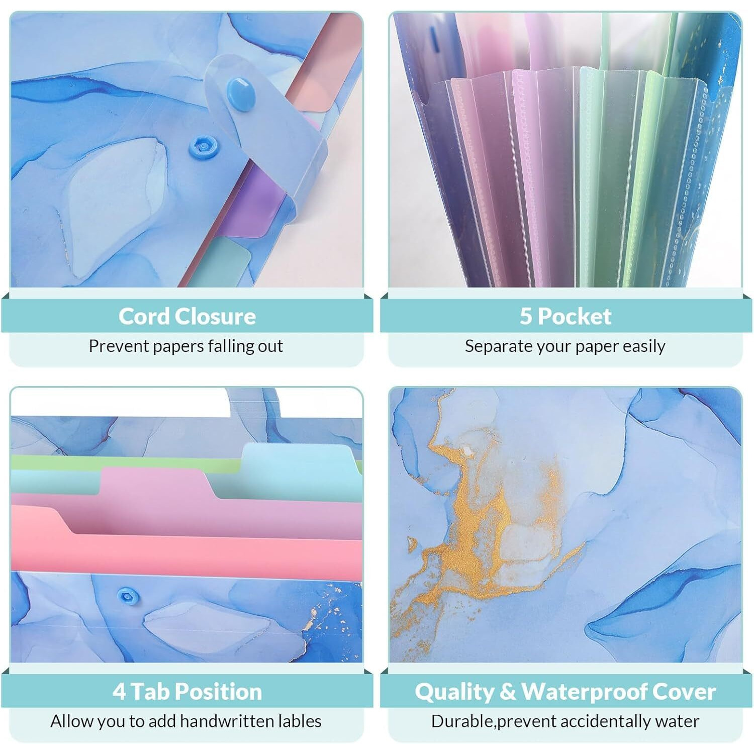 Corslet Expanding File Folder, Folders For Important Documents Organizer, Accordion File Organizer, Aesthetic Folders For School Students, 5 Pockets File Folder For Home Bills (White Blue Marble)