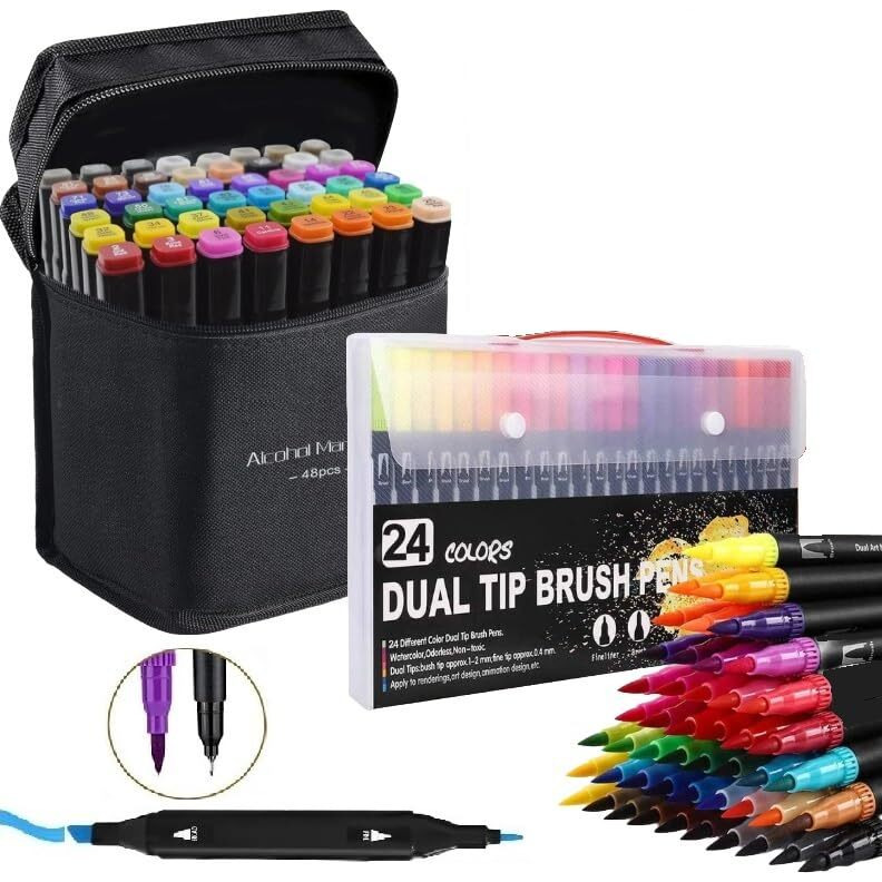 Corslet 72-Piece Art Set  Includes 48 Dual Tip Alcohol Markers And 24 Dual Tip Brush Pens  Ideal For Drawing, Sketching, Coloring, And Art Projects  Non-Toxic And Suitable For All Ages