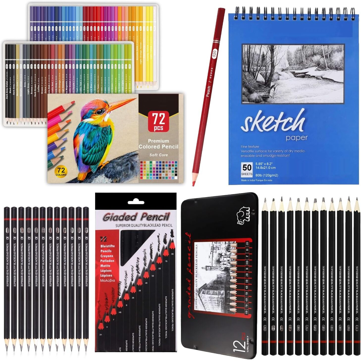Corslet 97-Piece Professional Art Supplies Kit - 72 Vibrant Color Pencils Set | 24 Graphite Drawing Pencils For Artists With 2 Different Packs Of 12 Pc Sketching Kit Includes A5 Sketchbook
