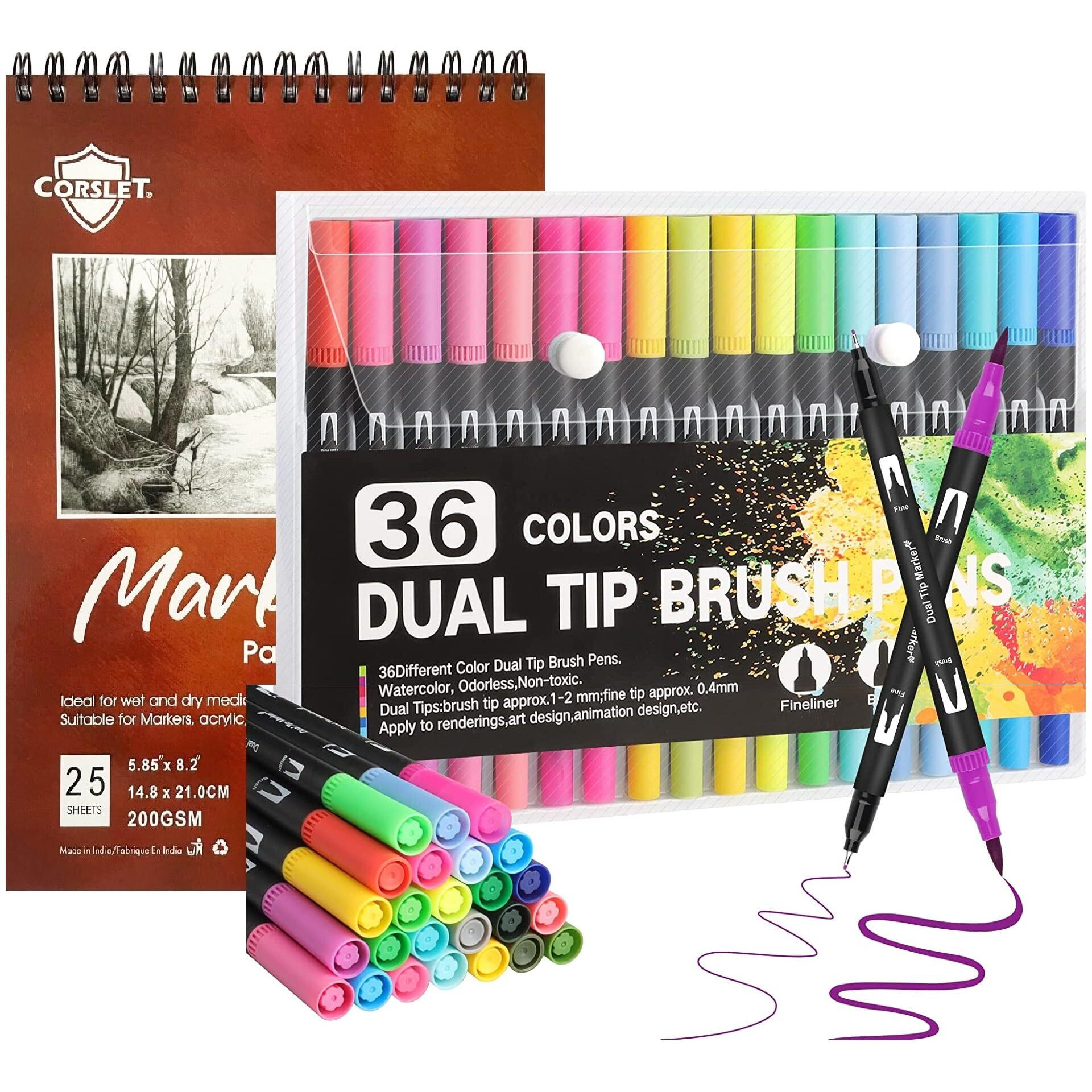 Corslet 36 Dual Tip Brush Pens Coloring Brush Fineliner Sketchpens Color Water Based Marker Pens Set For Calligraphy Drawing Sketching Bullet Journal With Marker Paper Pad Sketchbook Bleedproof 200Gsm