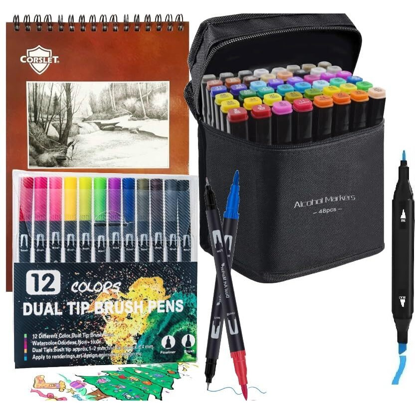 Corslet 61-Piece Art Set  Includes 48 Dual Tip Alcohol Markers, 12 Dual Tip Brush Pens, And 1 Bleedproof Marker Pad (200Gsm)  Ideal For Drawing, Sketching And Calligraphy  And Suitable For All Ages