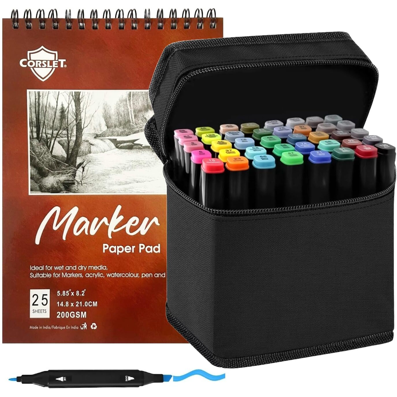 Corslet 61-Piece Art Set  Includes 48 Dual Tip Alcohol Markers, 12 Dual Tip Brush Pens, And 1 Bleedproof Marker Pad (200Gsm)  Ideal For Drawing, Sketching And Calligraphy  And Suitable For All Ages